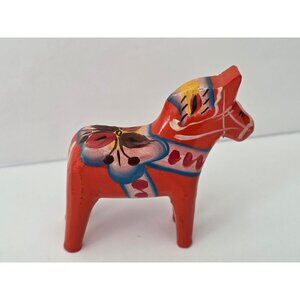 Handcrafted Nils Olsson Red Swedish Dala Horse Figurine With Floral Folk Art